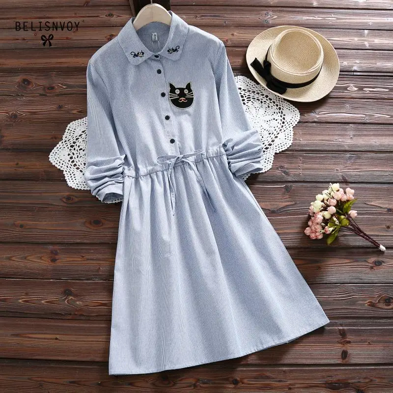 

2019 New Fashion Spring Autumn Dress Cotton Linen Turn-down Collar Long Sleeve Slim Cute Cat's Embroidery Mini Striped Dresses