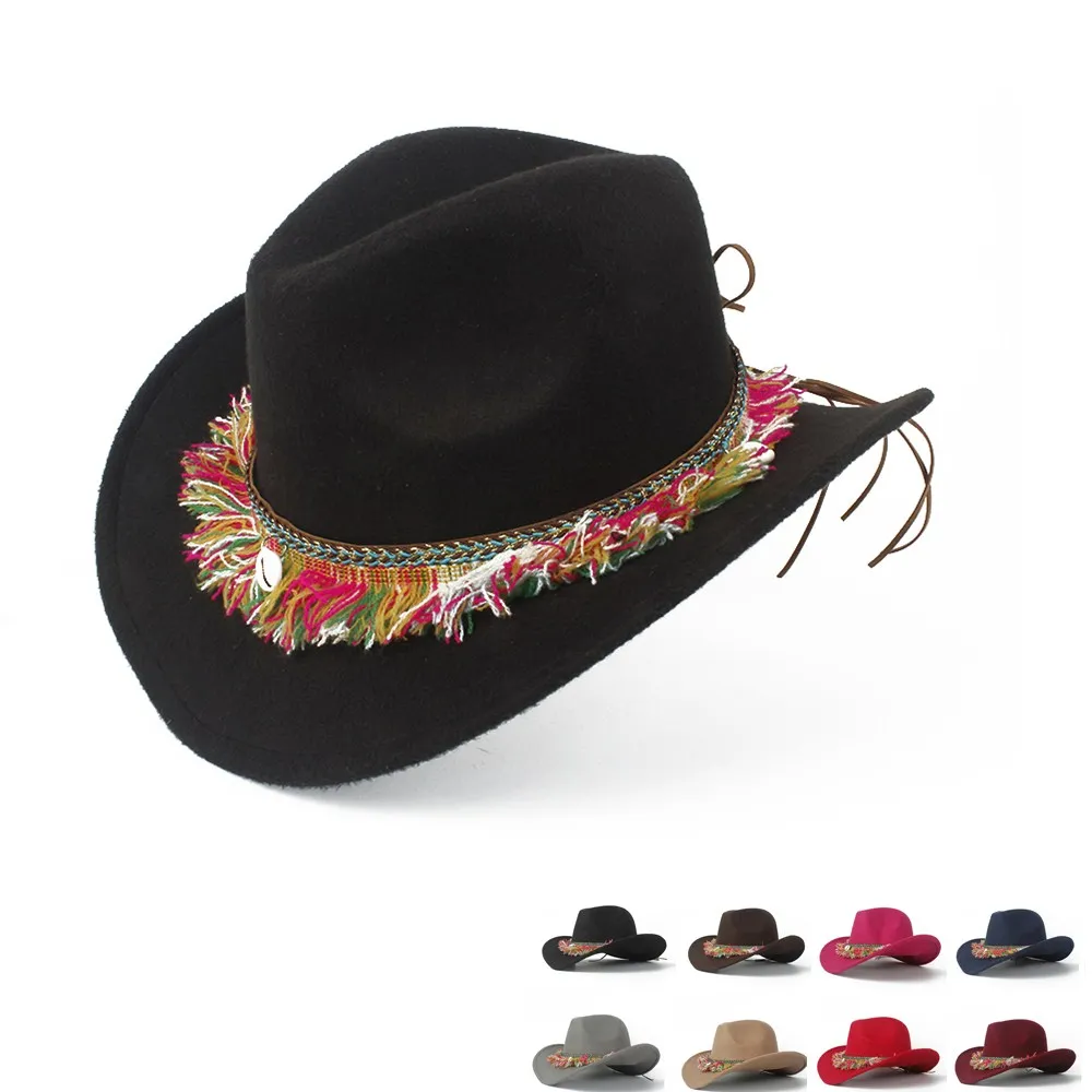 Женская шерстяная ковбойская шляпа Sombrero Hombre Черная кепка с кисточками размер 56 58