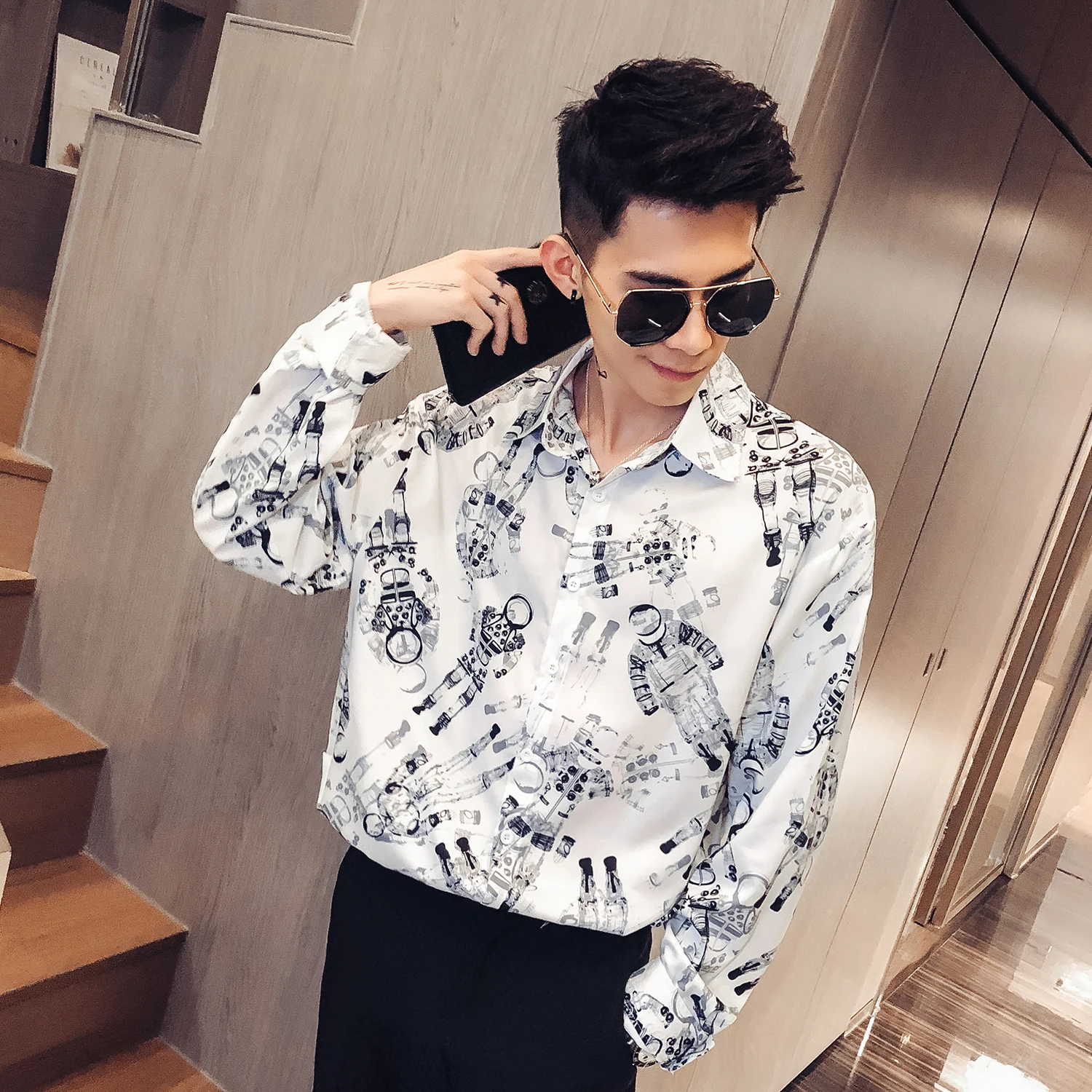 

British Style Men Shirt Camisa Masculina Fashion Night Club Chemise Homme Print Tuxedo Long Sleeve Slim Fit Dress Shirts Men