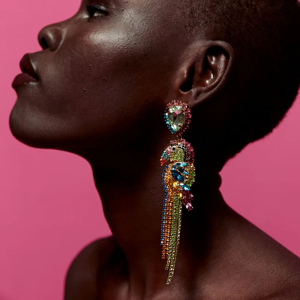 

Dvacaman ZA Crystal Bird Earrings Drop Earrings Women Long Beads Tassel Dangle Earrings Wedding Party Statement Jewelry 2019 INS