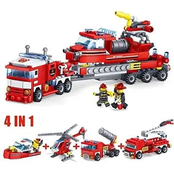 

4 In 1 City Fire Fighting Trucks Car Helicopter Boat Building Blocks Designer Blocks Assembled Plastic Building Blocks Toys