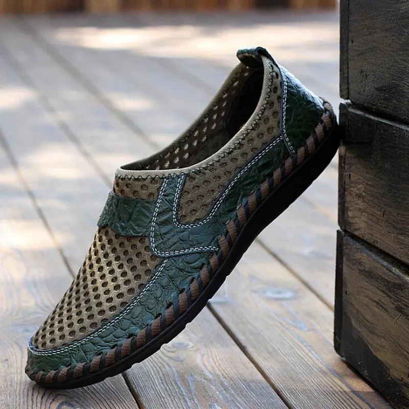 Г.; мужские сандалии; Летняя обувь; дышащие повседневные кожаные сандалии на плоской подошве; мужские сандалии в стиле ретро с сеткой; большие размеры 38-48 - Цвет: 7923 Green