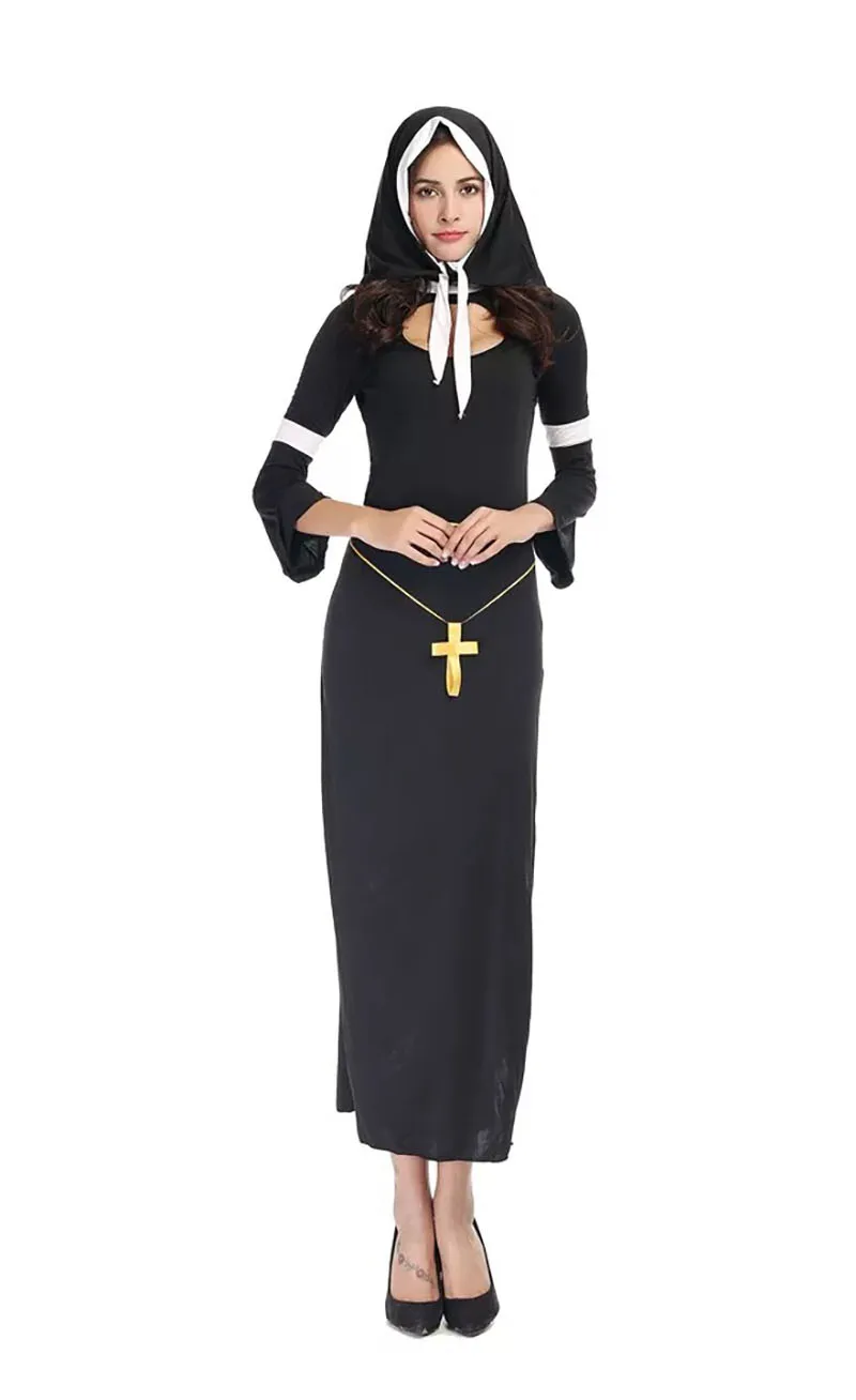 Женский сексуальный костюм на Хеллоуин, костюм монашки и сестры, религиозное христианское черное Эротическое платье с разрезом по бокам, наряд Иисуса Христа для женщин
