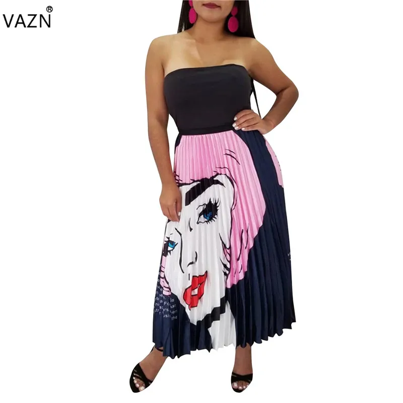 VAZN Весна Лидер продаж Новое поступление пикантные Для женщин мультфильм лица для печати Свободные юбки Дамская обувь; 3 цвета Империя гофрированные длинные юбки ALS097