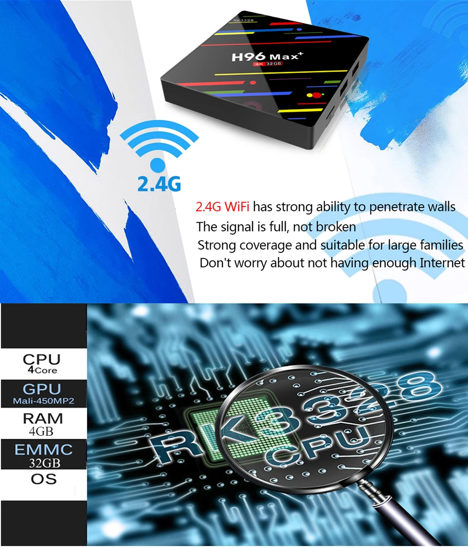 H96 MAX плюс ТВ Box Android 8,1 Оперативная память 64 GB Dual Wi-Fi 2,4G/5G Smart ТВ коробка RK3328 Quad core 5G Wi-Fi 4 K H.265 32 Гб Media Player