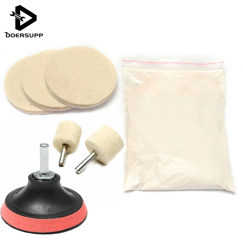 Comprar 8 oz vidrio Scratch remover Kit de pulido óxido de cerio Polvos de maquillaje y 3   rueda + Fieltro para eliminar rebabas Rust polvo
