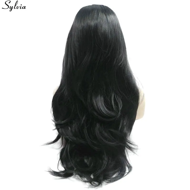 Natural Hairline Glueless Heat Resistant Fiber Hair Wigs for Women Swiss Long Black 1# Body Wave Synthetic Lace Front Wig (3)