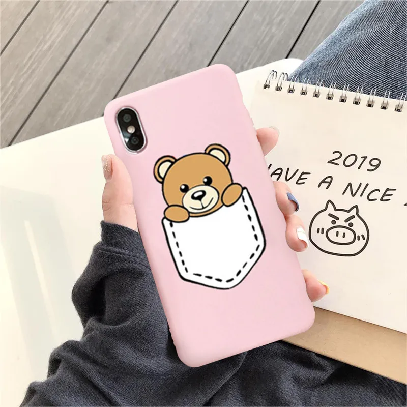 

GYKZ Luxury Brand Bear Moschin Phone Case For iPhone 6 6s XS MAX X XR 7 8 Plus Cute Cartoon Back Cover For iPhone 7 Pink Fundas