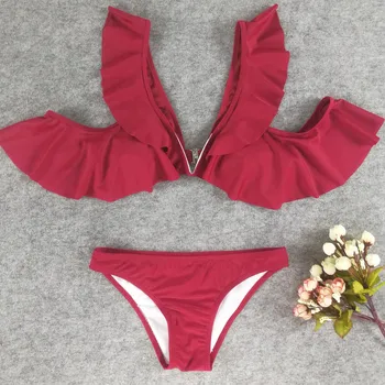 

Women's Solid Color Sexy Ruffle Large Size Low Waist Split Swimsuits female Thong bottom swimwear women bathing suit new בגד ים