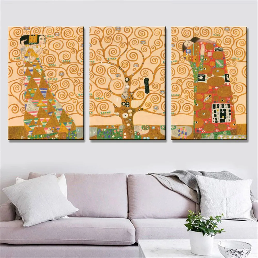 

3 Panel Combined Hand Painted Gustav Klimt Figure Oil Painting The Tree Of Life Canvas Printing Wall Picture for Living Room