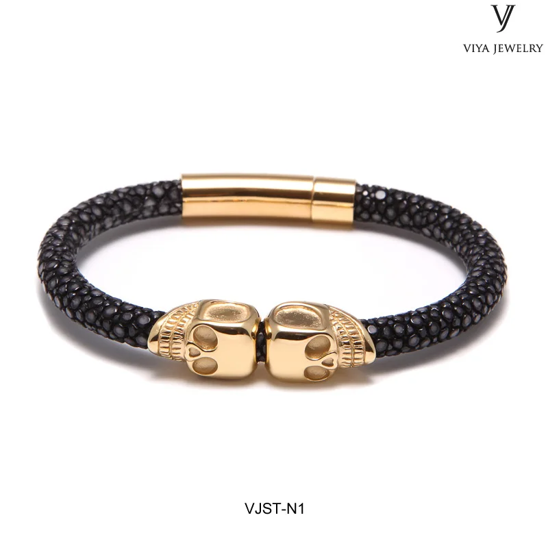 VJST-N1 (2) Genuine stingray with doublr skull bracelet
