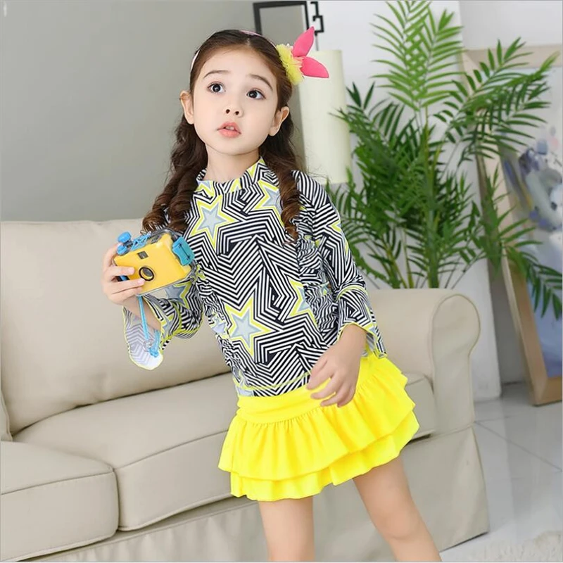 

2019 Full long sleeve swim suit little baby girl skirt swimsuit stripe UV swimwear kids children sports bathing suit