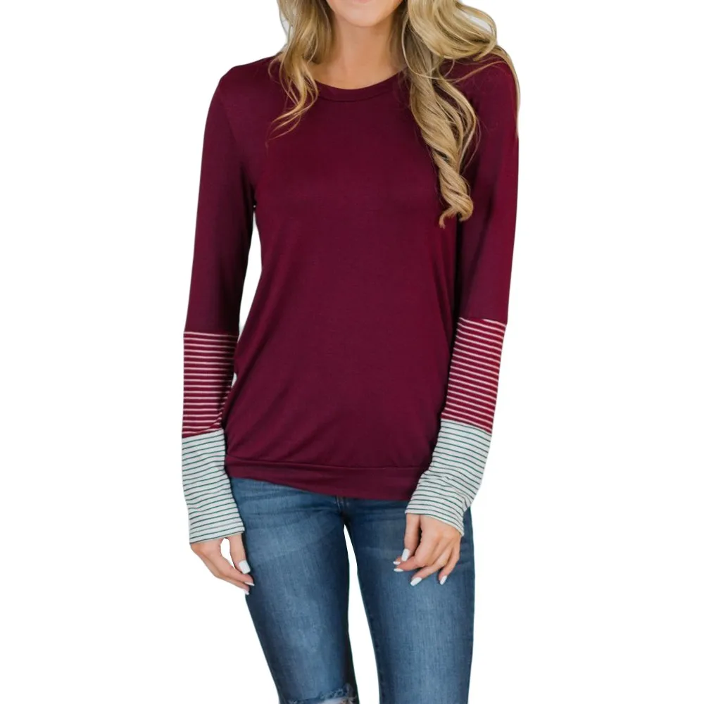 Autumn t shirt Women Patchwork Striped t shirt long Sleeve