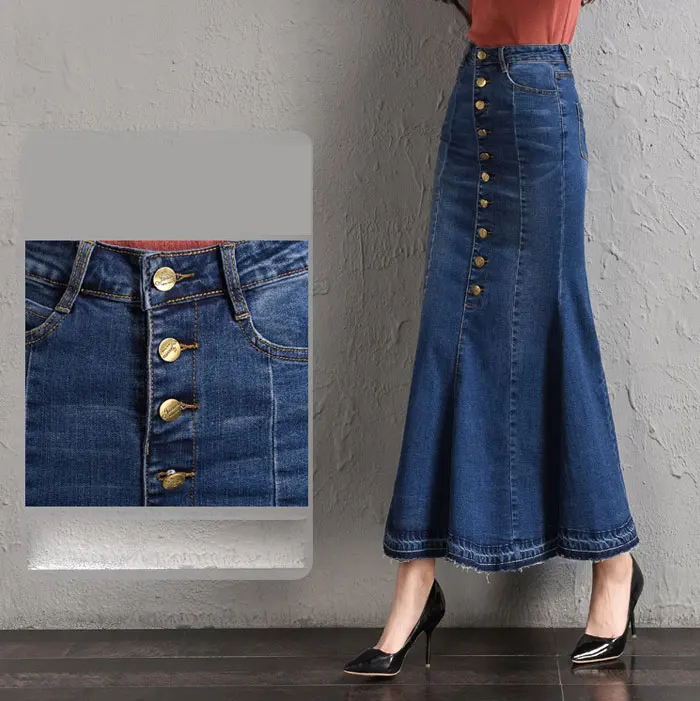 Джинсовые длинные юбки размера плюс, на пуговицах, 4XL, 6XL, 7XL, для женщин, больше размера d, сексуальные женские облегающие длинные джинсовые юбки до щиколотки
