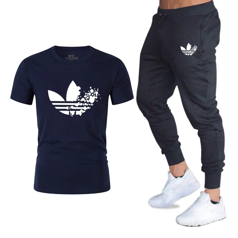 ADI Summer Hot Sale Men's Sets T Shirts+pants Two Pieces Sets Casual Tracksuit Male 2019 Casual Tshirt Gyms Fitness trousers men