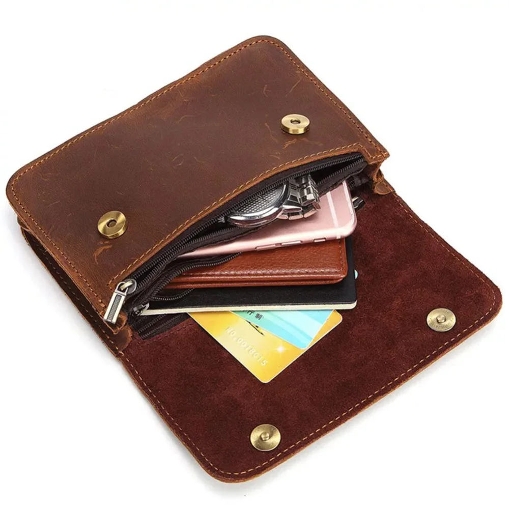 

Men Genuine Leather Waist Bag Brown Cell Phone Bag Crazy Horse Leather Waist Pack Hook Two Zipper Pocket Real Leather Pouch