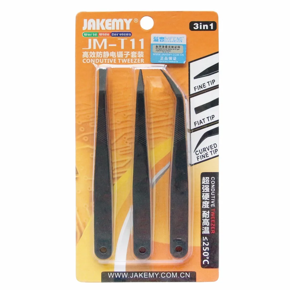 JAKEMY 3 in 1 Anti-static Tweezers Kit Heat Resistant Flat Pointed Curved Tweezers Set for iPhone Samsung Laptop PCB Repair JAKEMY 3 in 1 Anti-static Tweezers Kit Heat Resistant Flat Pointed Curved Tweezers Set for iPhone Samsung Laptop PCB Repair