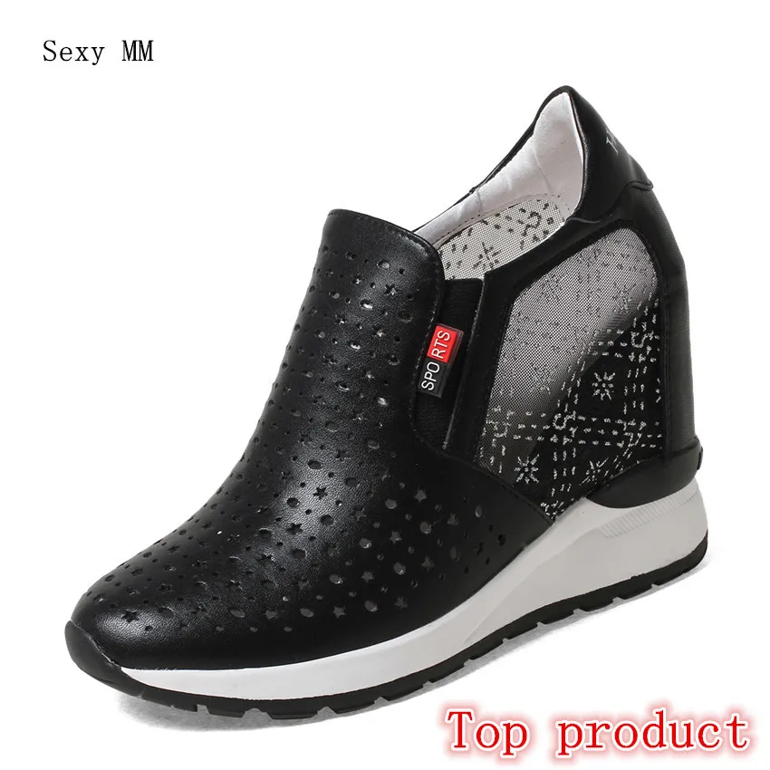 

Genuine Leather Wedges Slip On Shoes Women Flats Loafers Wedge Casual Height Increasing Flat Walking Shoes