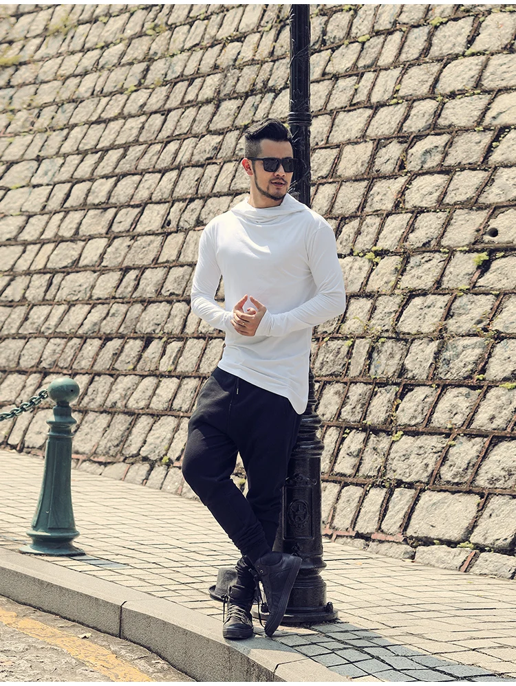 Men Autumn New European Style High Collar Long Sleeve Hooded T-shirt with Cap Men Slim Casual Cotton Irregular T-shirt T908 HTB1 PD4XzzuK1RjSspeq6ziHVXaN - Men Autumn New European Style High Collar Long Sleeve Hooded T-shirt with Cap Men Slim Casual Cotton Irregular T-shirt T908