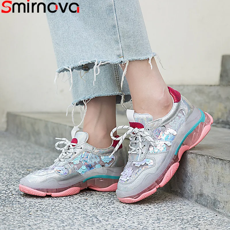 

Smirnova size 35-40 new spring summer sneakers women lace up mixed colors genuine leather shoes bling women flats shoes 2019