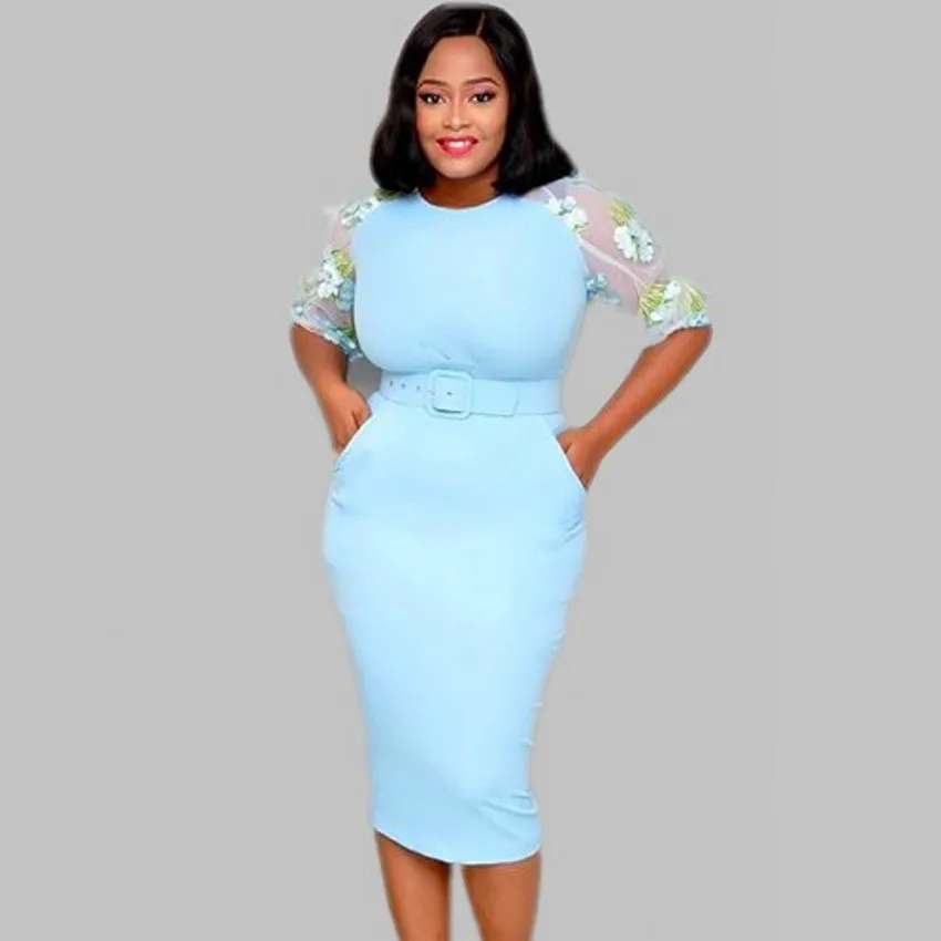

2019 Spring Summer Lace Floral Emboidery Splicing Office Pencil Dresses Half Sleeve O-neck Belt Knee Length Bodycon Midi Dress