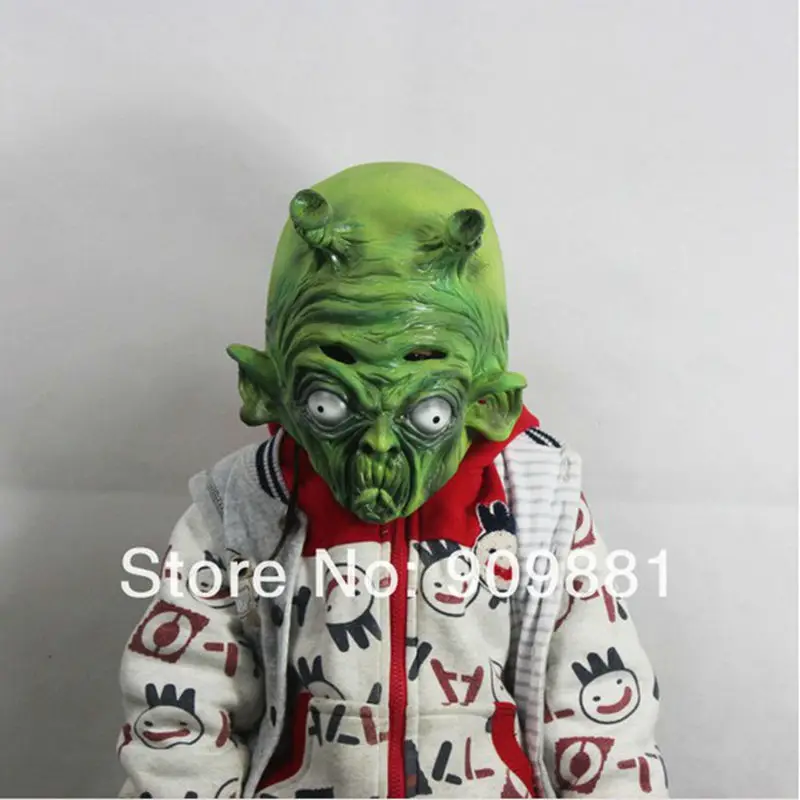 

Horror Two Horns ET Alien Green Latex Mask Dragon Ball Beast Monster Devil King Rubber Masks Halloween Masquerade Costume Props