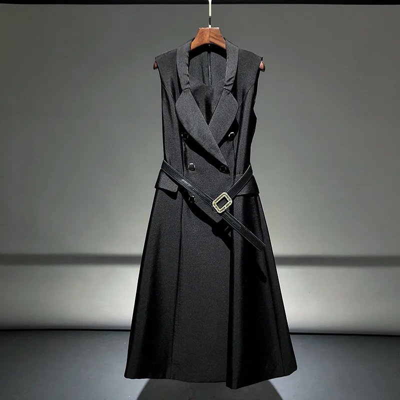 

Luxury High Quality Office Lady Women's Wear Double-breasted A-Line Solid Empire Sleeveless Dress with Gemstone Belt Golde Black