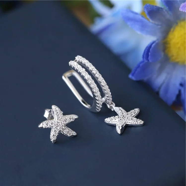 Asymmetrical crystal starfish clip on earrings for women ear cuffs