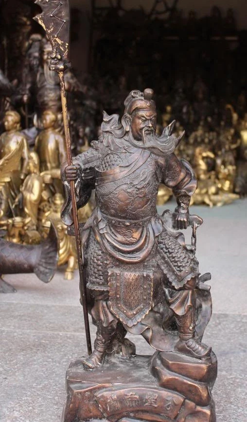 

34" China Bronze Stand Dragon "Guan Gong" warrior Guangong GuanYu Sword Statue