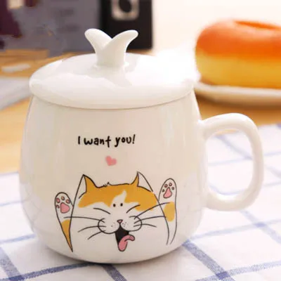 GLLead креативная керамическая кофейная кружка с милым животным, изображение мультяшного животного, молочные завтраки, фарфоровые чашки с крышкой и ложкой - Цвет: A