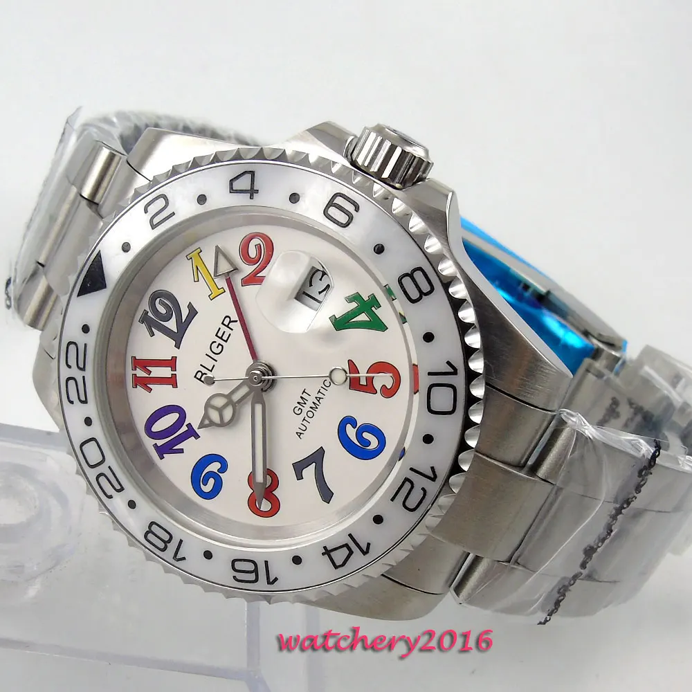 

2019 Top Brand 40mm Bliger White dial ceramic bezel Sapphire Crystal Luminous Hands GMT date Automatic Mechanical Men's Watch