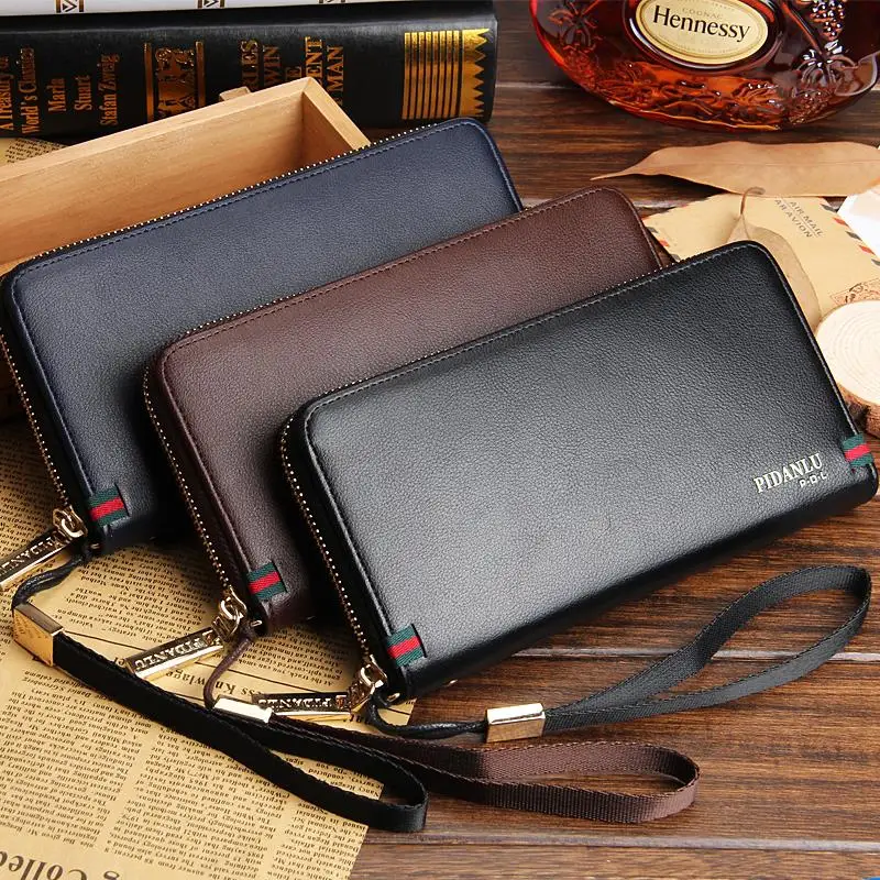  PIDANLU Brand men's business casual long wallet  zipper clutch male bag solid high-grade PU leather purse w/ handstrap 1217 