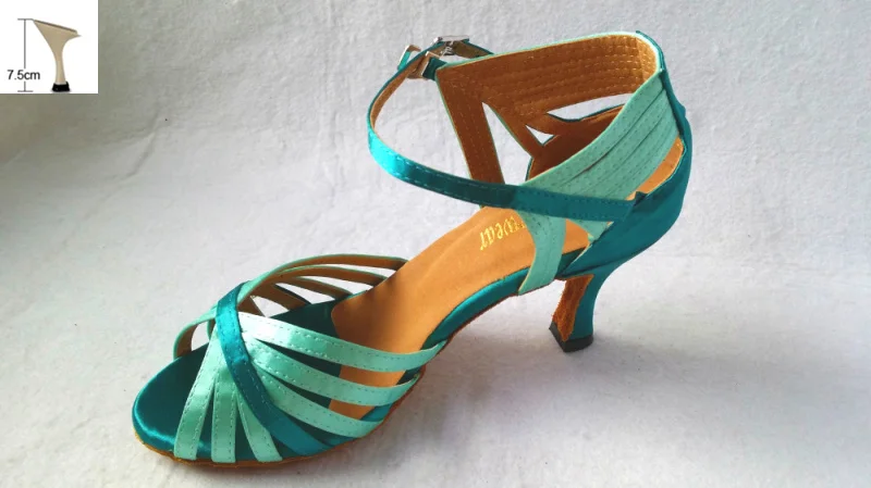 Женские зеленые атласные бальные туфли для латинских танцев, самбы, сальсы, Ceroc, Танго, танцевальные туфли всех размеров - Цвет: 7cm flare heel