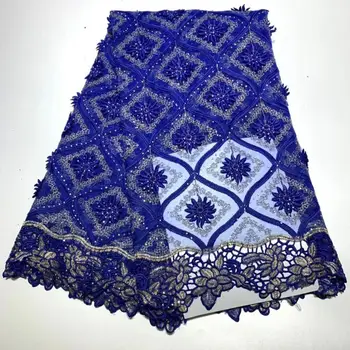 

Royal blue African Lace Fabric 2019 French Cord Lace Fabric Embroidered Nigerian Tulle Lace Fabric With Stones For Wedding