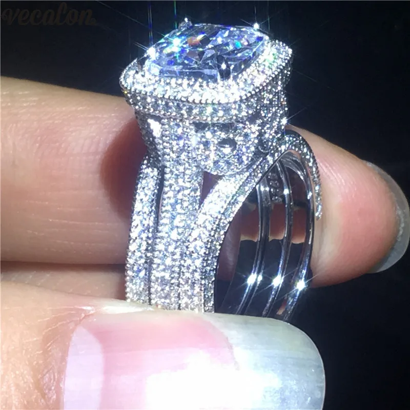 

Vecalon Luxury Vintage 3-in-1 ring Set 925 Sterling Silver AAAAA Cz Engagement wedding band rings For women Party Finger Jewelry