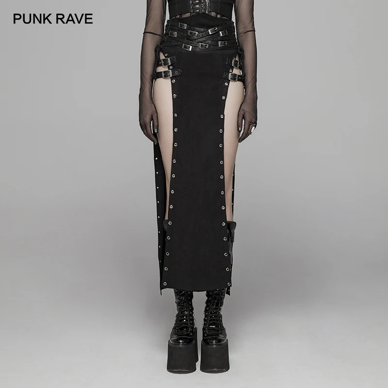 

PUNK RAVE Women's Gothic Sexy Black Skirts Punk Rock Copslay Stage Personality Hip Hop Streetwear Long High Waisted Split Skirt