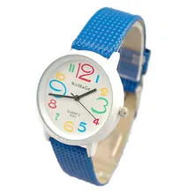new women watch fashion colored number time design 8 colors leather strap womage brand quartz lady dress casual wristwatches hot