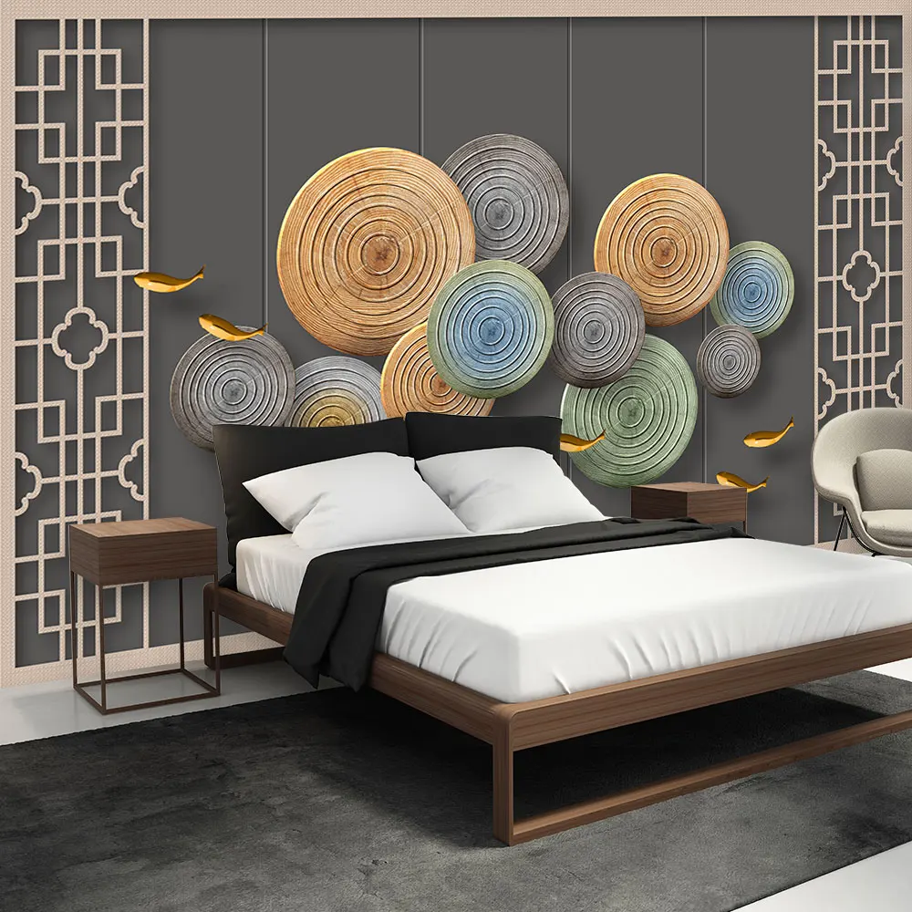 

Decoration Textile wallpaper New Chinese style simple wood grain ring real three-dimensional gold fish wall