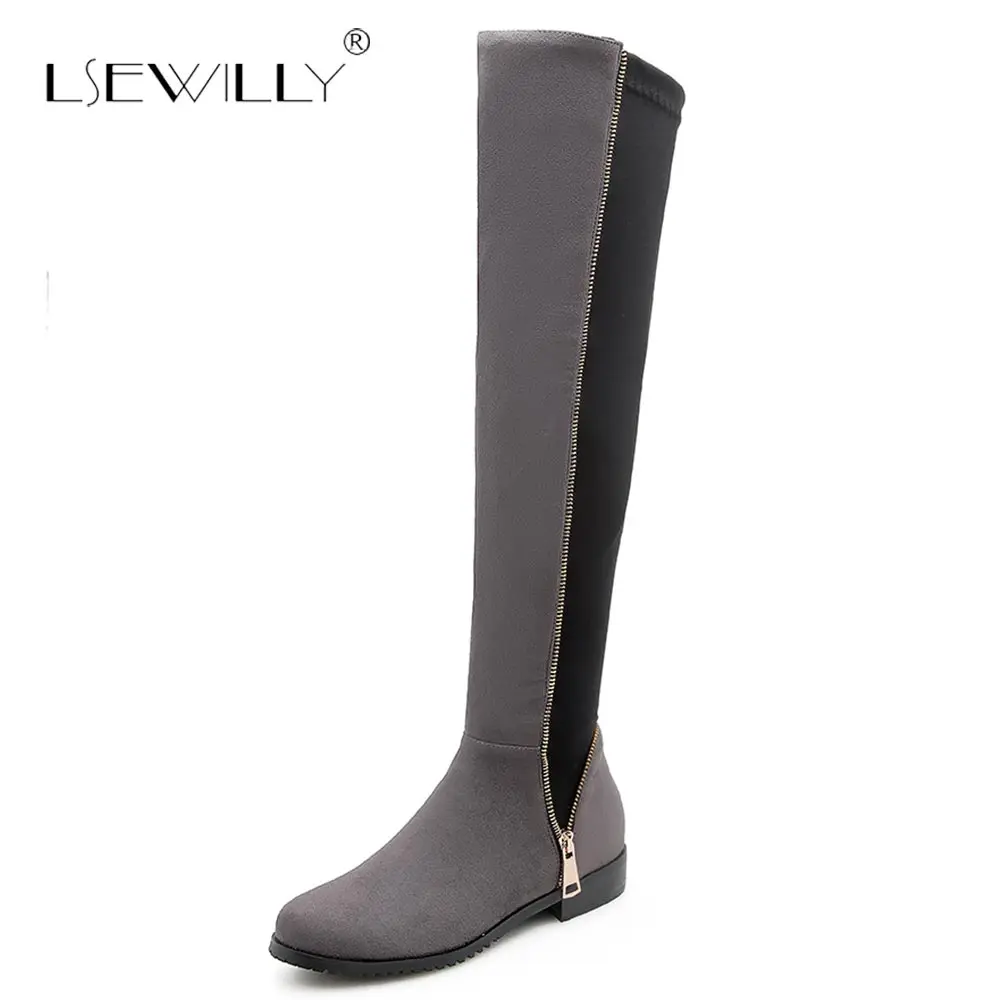 

Lsewilly 2018 fashion women boots round toe zipper ladies boots square heel flock black knee High boots big size 34-43 S733