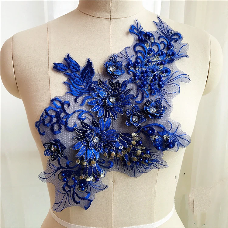 

3D Flowers Beaded Lace Fabrics Applique Floral Embroidery Sewing On Patches For Wedding/Evening Dress Clothing Costume Patches