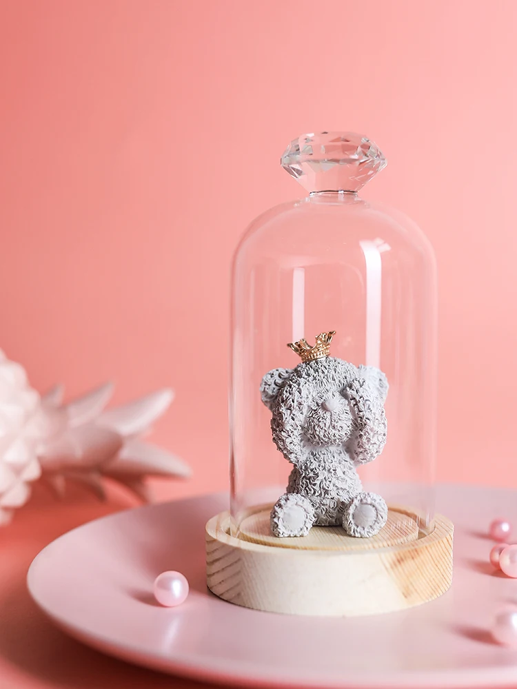 

Nordic Style Home Decoration Room Glass Cover with Bear Craft Small Glass Cover Fairy Garden Ornament Christmas Birthday Gifts