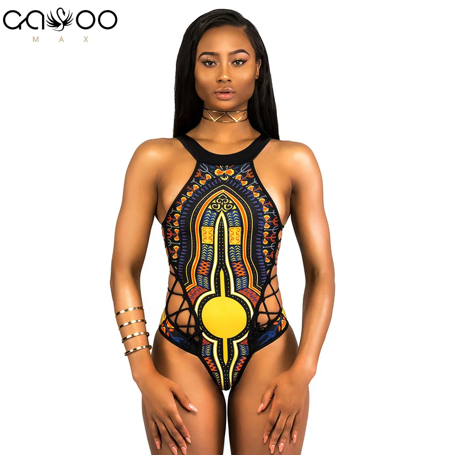 

2018 New One Piece Swimsuit Bandage bodysuit African Printed Swimwear Female High Cut Monokini Sexy High Neck striped Swimsuits