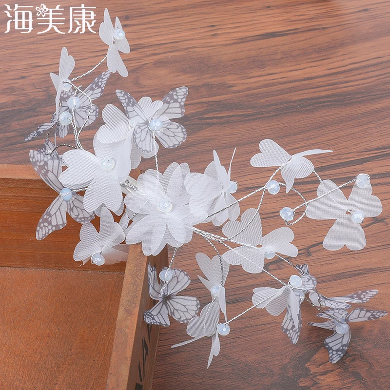 

Haimeikang New Bride Headdress White Juan Yarn Head Flower Butterfly Tiara Hairpin Wedding Dress Accessories Headwear
