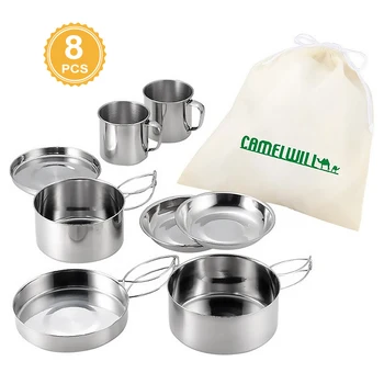 

6 PCS Outdoor Pot Set Camping Soup Coffee Water Cups Stainless Steel Cooking Pans Plates Set for 1-2 People Outdoor Tableware