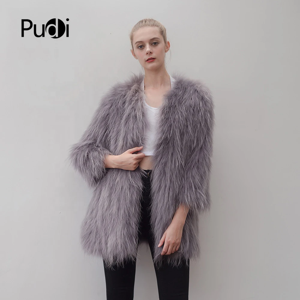 

Pudi CT923 women Real raccoon fur coat jacket overcoat V-neck lady fashion winter warm genuine natural fur luxury outwear