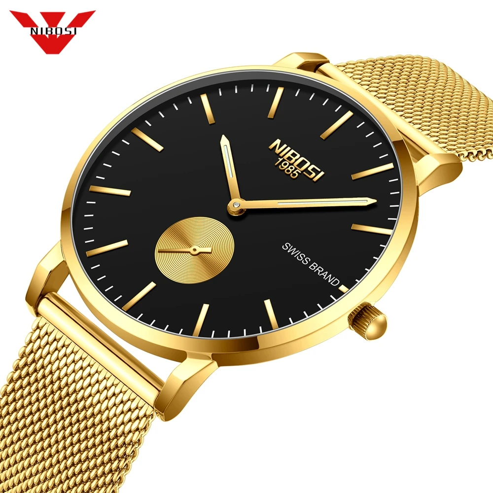 

NIBOSI Dress Men Watch Steel Mesh Band Quartz Analog Wristwatch 3ATM Waterproof Ultra Thin Gold Male Clock Relogio Masculino