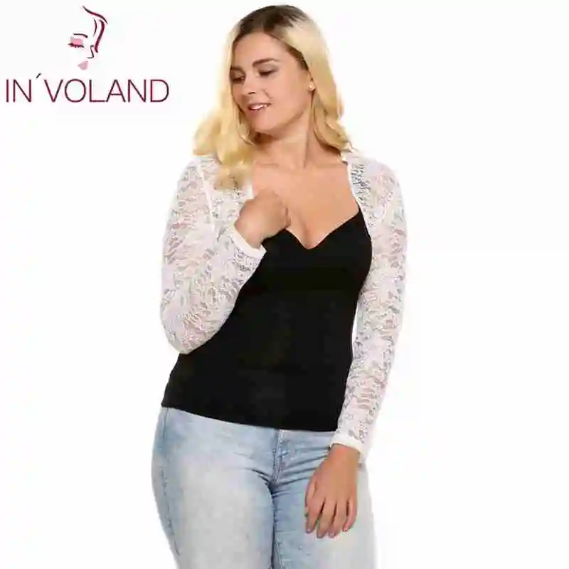 

IN'VOLAND Plus Size Autumn Women Cardigan Tops Long Sleeve Floral Mesh Front Open Jacket Short Slim Casual Tops Oversized 5XL
