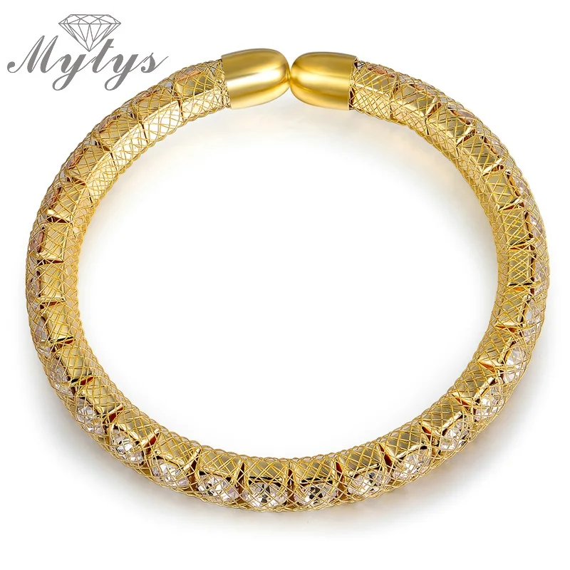Mytys брендовый дизайнерский Теннисный браслет из проволочной сетки внутри кристальная цепочка сетчатый трубчатый браслет Открытый манжет свободный размер ювелирные изделия B1033 - Окраска металла: Gold Color