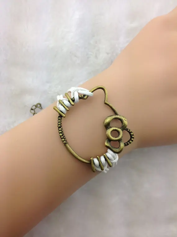 

1pc Antique Bronze Kat Bracelet Black leather Bracelet Charm Bracelet ZA056