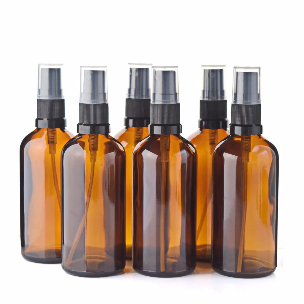 6pcs 100ml Spray Bottle Empty Amber Glass Refillable Cosmetic Containers with Fine Mist Sprayer for Essential oils Perfume Brown